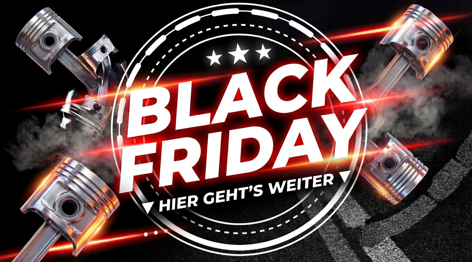 Black Friday-Verkaufsschild mit Motorkolben, roten Lichtstreifen und Verkaufsdaten: 28.11. - 05.12.2025.