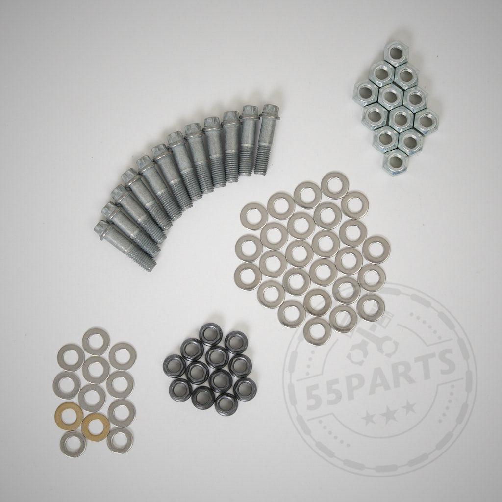 Der 55Parts Spezial-Schraubensatz (55Parts Set) – verschiedene Metallschrauben, Muttern, Unterlegscheiben und Reibringe – übersichtlich angeordnet, ideal für AP Racing Bremsscheiben- oder Befestigungskit-Anwendungen.