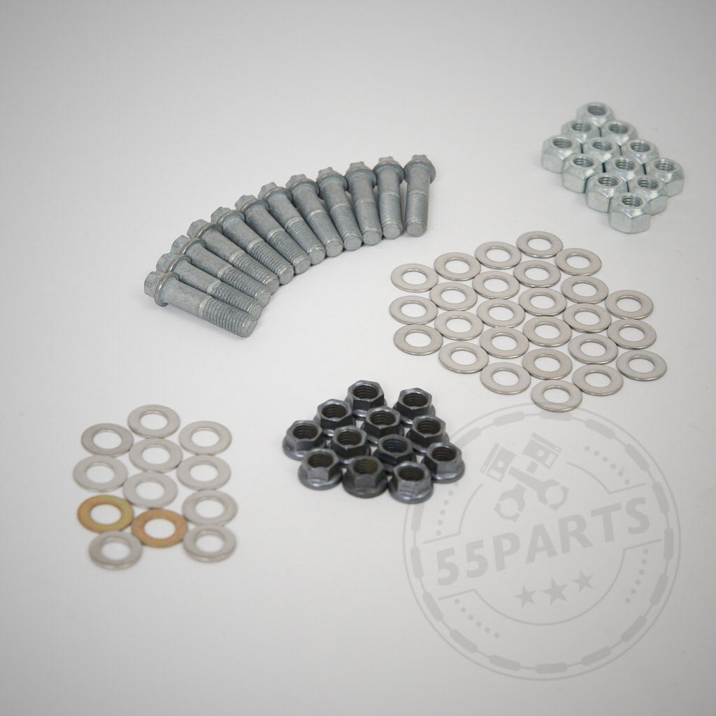 55Parts Special: Schraubensatz passend für AP Racing Bremsscheibe (55Parts Set) – sortierte Schrauben, Muttern, Unterlegscheiben und Reibringe in Gruppen auf hellem Hintergrund angeordnet.