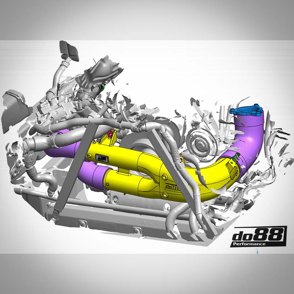 3D-Rendering eines BMW S58-Motors (G87 M2, G80/G81 M3, G82/G83 M4) mit hervorgehobenen gelben und violetten Turborohren und der do88-Aluminium-Chargepipe.