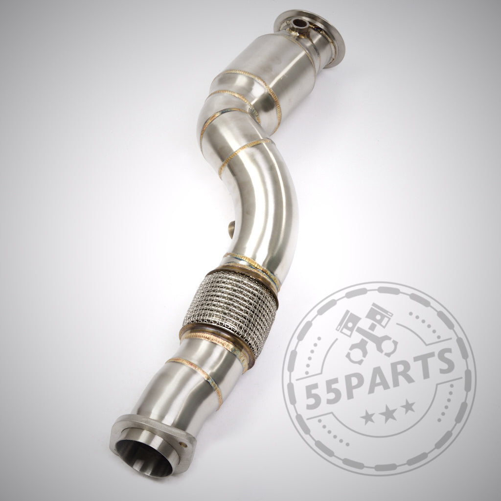 HIGH FLOW DOWNPIPES (200 ZELLER) passend für BMW G80, G81, G82, G83, G87 (M2 M3 M4) mit S58 Motor – strömungsoptimierte Edelstahl-Downpipe mit Flexstück für FBO Setup, abgebildet auf weißem Hintergrund mit Wasserzeichen.