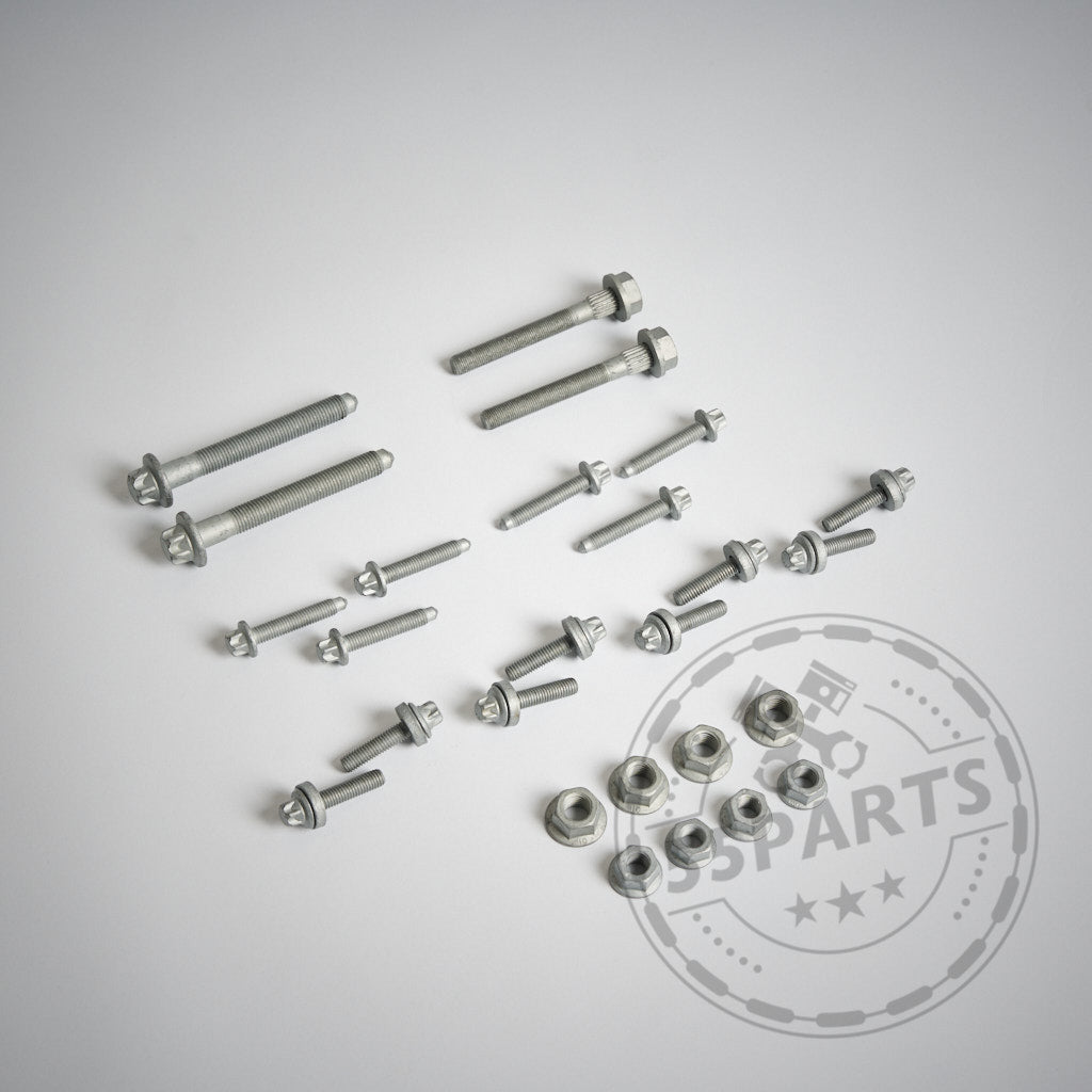 Das Einbauset Schraubenset Fahrwerk passend für BMW 2er G42, 3er G20/G21/G28, 4er G22/G23/G26/G28 ist ordentlich auf einer hellen Fläche mit leichtem Logo-Wasserzeichen angeordnet.