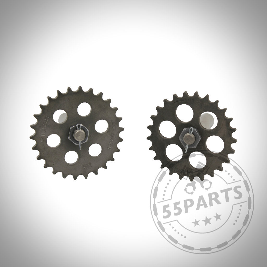 Zwei Metallkettenräder mit runden Löchern, die als FTWL Motorsport 55Parts Exclusive Ölpumpen-Upgrade-KIT passend für BMW M50-, M52- und M54-Motoren vorgestellt werden, werden auf einem weißen Hintergrund mit einem 55Parts-Wasserzeichen angezeigt.