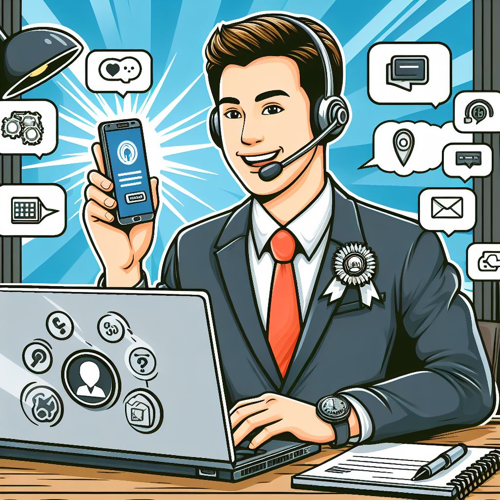 Lächelnder Mann mit Headset am Schreibtisch mit Laptop, Telefon in der Hand, umgeben von lebendigen Social-Media-Symbolen und in nahtlose Online-Kommunikation vertieft.