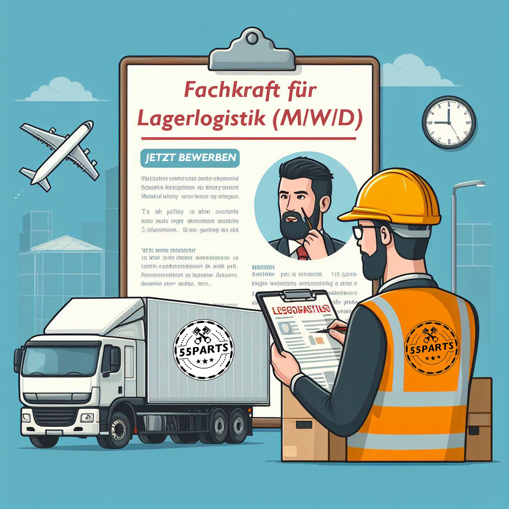 Ein Arbeiter prüft ein Klemmbrett neben einem LKW und einem Flugzeug, neben dem eine deutsche Stellenanzeige für Lagerlogistik und Transport zu sehen ist.