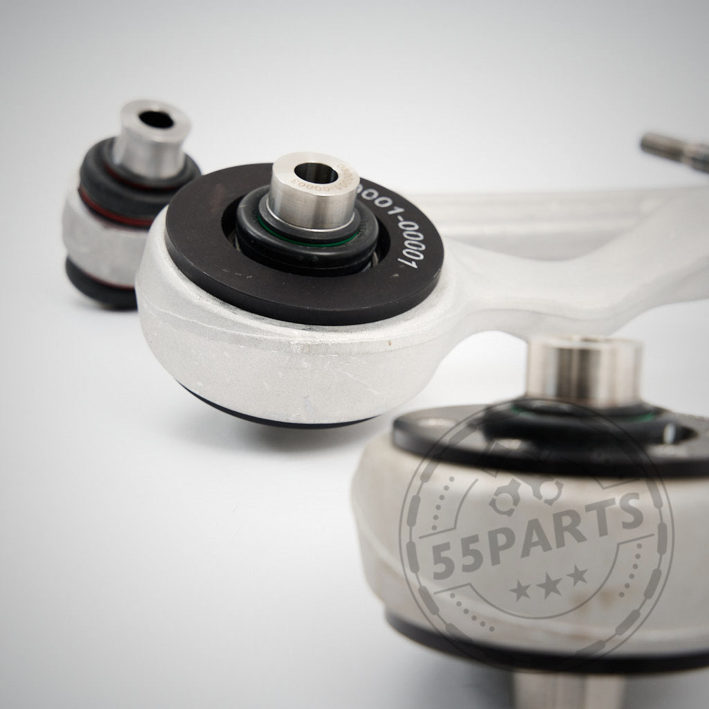 Nahaufnahme M3 Fahrwerkskomponenten (mit NoFlex Bearings) Komplettset – Uniball Zugstrebenlager passend für BMW 1er E8x, 3er E9x. Perfekt für Modifikationen und Upgrades am Fahrwerk.