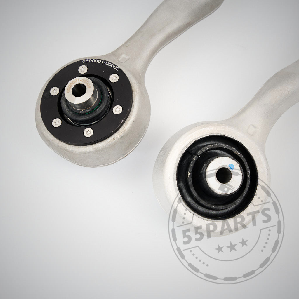 Zwei Metall-Querlenker mit NoFlex-Lagern – M3 Fahrwerkskomponenten Komplettset, Uniball Zugstrebenlager passend für BMW 1er E8x, 3er E9x – ideal für Fahrwerk Upgrade oder Modifikationen.