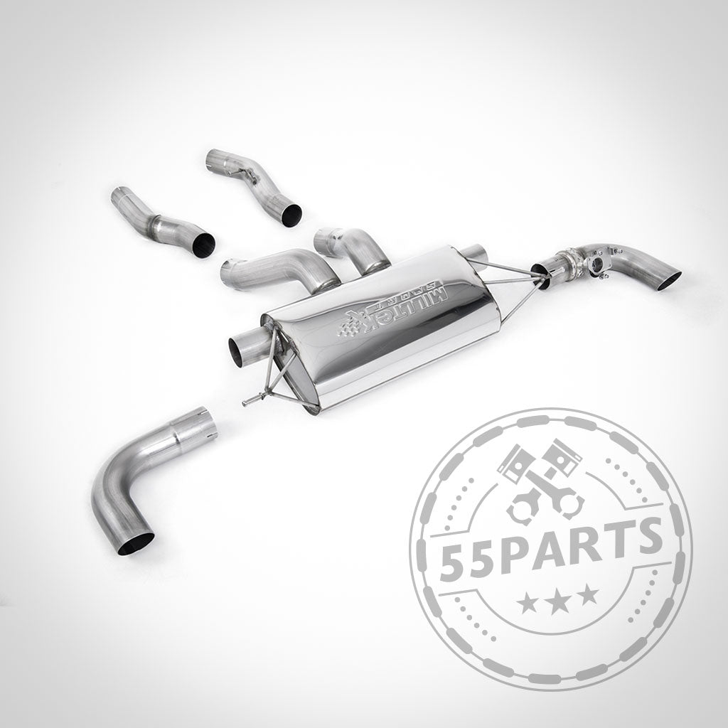 Die Milltek Abgasanlage ab OPF mit ECE passend für BMW G42 M240i wird mit mehreren Rohren und 3" Endrohrblenden auf weißem Hintergrund dargestellt, mit dem 55Parts-Logo.