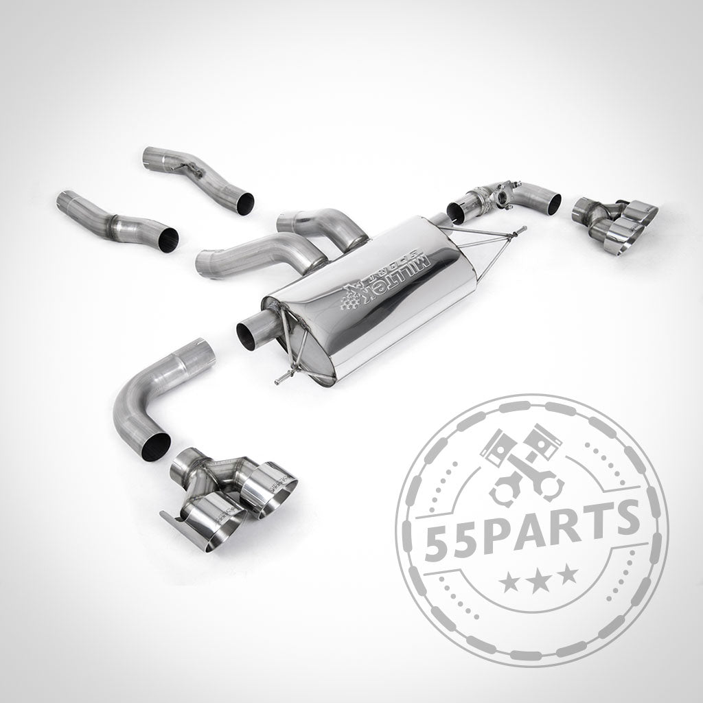 Verschiedene Edelstahlteile für die Milltek Abgasanlage ab OPF mit ECE passend für BMW G42 M240i, einschließlich 3" Endrohrblenden, werden auf einem weißen Hintergrund mit dem 55Parts-Logo-Wasserzeichen angezeigt.