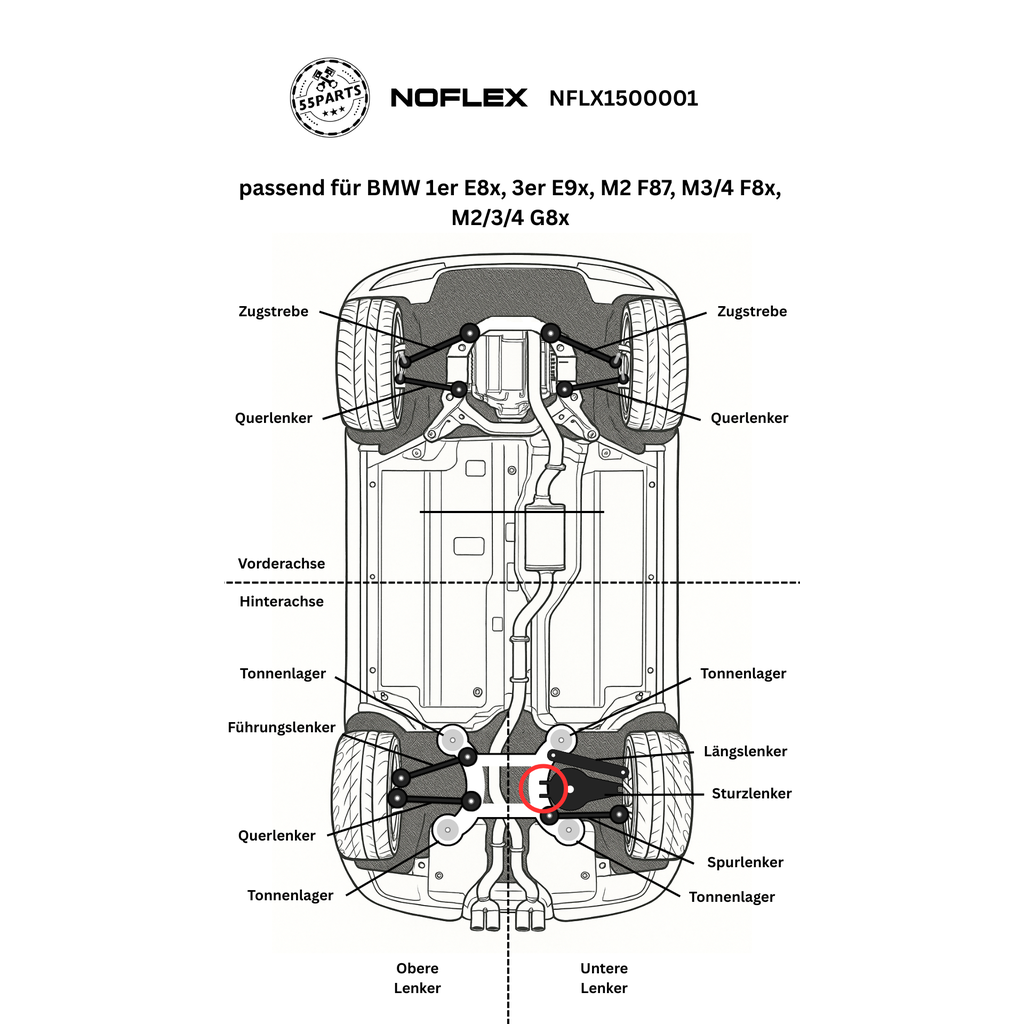 NoFlex Bearings: schematische Darstellung der Einbauposition – BMW E9x/F8x/G8x Sturzlenkerlager.
