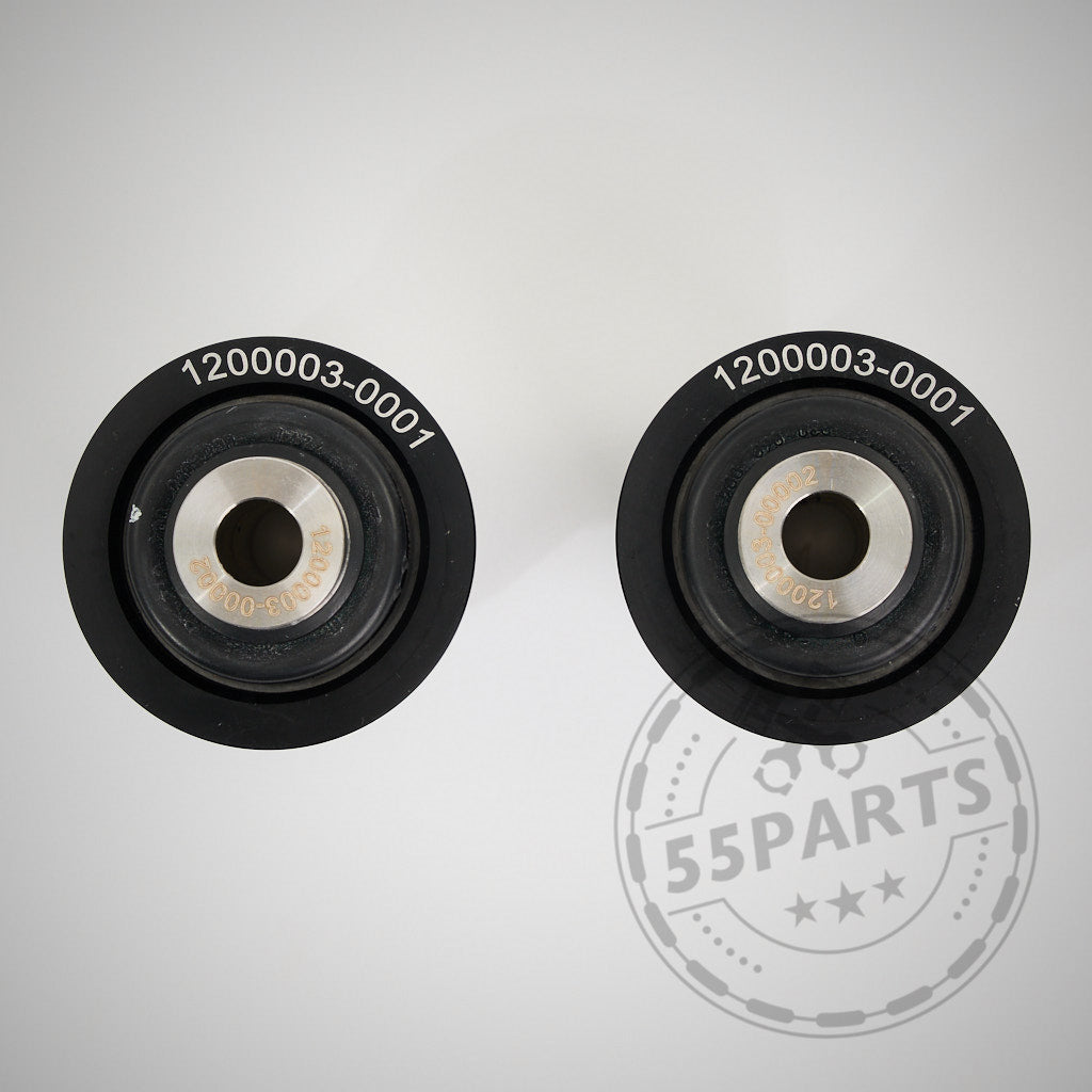 Zwei schwarze runde NoFlex-Lager (Uniball Lager) passend für BMW 2er/3er/4er/Z4 G-Serie inkl. xDrive & Toyota Supra GR, #1200003-0001, auf weißem Hintergrund mit 55Parts-Logo darunter.