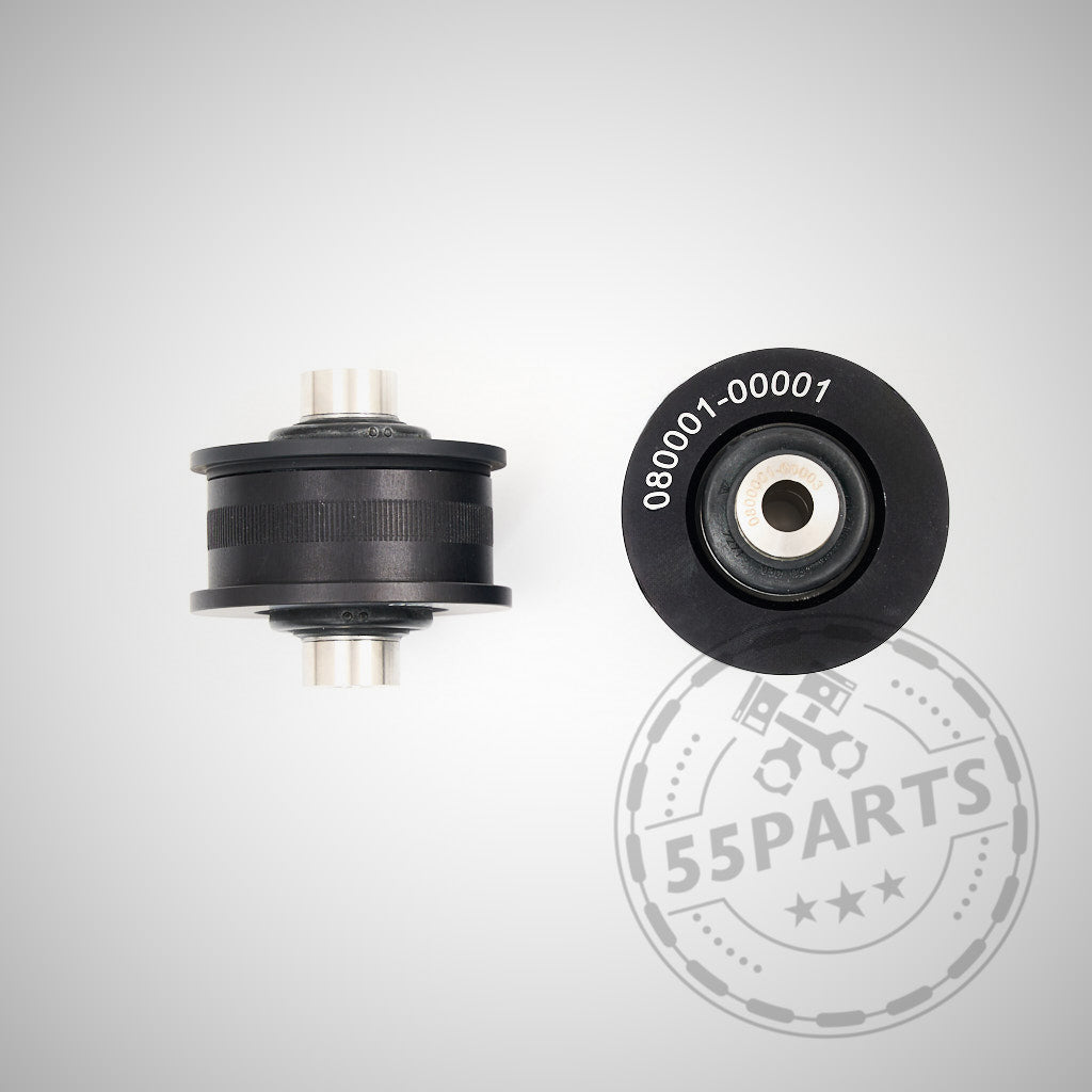 Zwei schwarze zylindrische Teile, die NoFlex Bearings: Uniball Lager für vordere Zugstreben, passend für BMW 1er E8x, 3er E9x, Z4 E89, M2 F87 und M3/4 F8x. Abgebildet in Seiten- und Draufsicht auf hellem Hintergrund; Verwendung in Fahrwerk und Achslagerungen.