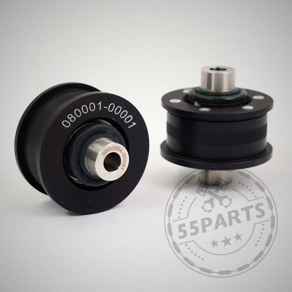 Zwei schwarze NoFlex-Lager: Uniball Lager vordere Zugstrebe, entwickelt für die BMW 1er-4er F-Serie (F2x, F3x) inkl. xDrive, aufrecht und auf der Seite dargestellt mit sichtbaren Metallzentren.