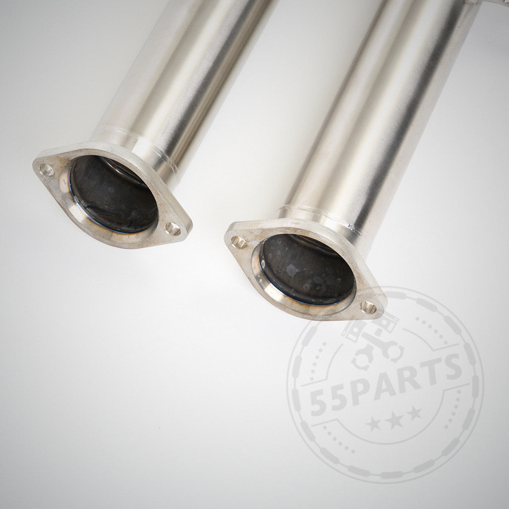 Zwei OPF-Ersatzrohre (OPF-Entfernung) aus Edelstahl & MH Pipes passend für BMW G8x M2, M3 Competition, Touring und M4 Competition mit S58-Motor, abgebildet mit Flanschenden auf weißem Hintergrund.