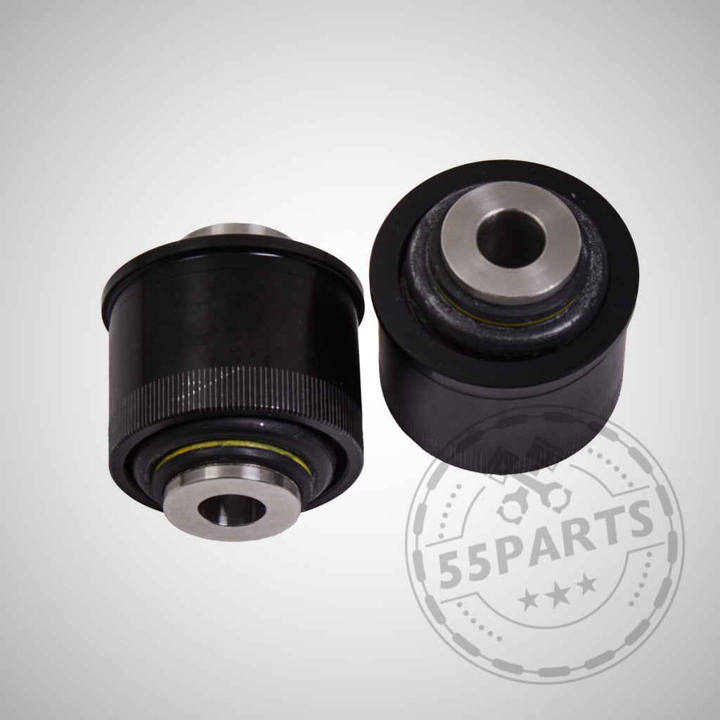 Zwei schwarze NoFlex-Lager (Uniball Lager vorderer Querlenker), konzipiert für die BMW 1er–4er F-Serie (F2x, F3x) inkl. xDrive – alle Motoren – dargestellt mit Metallmitten auf hellem Hintergrund und dem 55Parts-Logo.