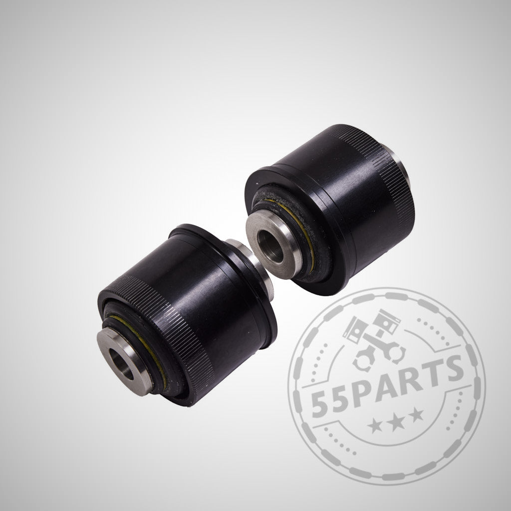 Auf hellgrauem Hintergrund sind zwei schwarze NoFlex-Lager passend für BMW 1er, 2er, 3er, 4er F-Serie (F2x, F3x) inkl. xDrive, alle Motoren – Uniball Lager für die vorderen Querlenker – abgebildet.