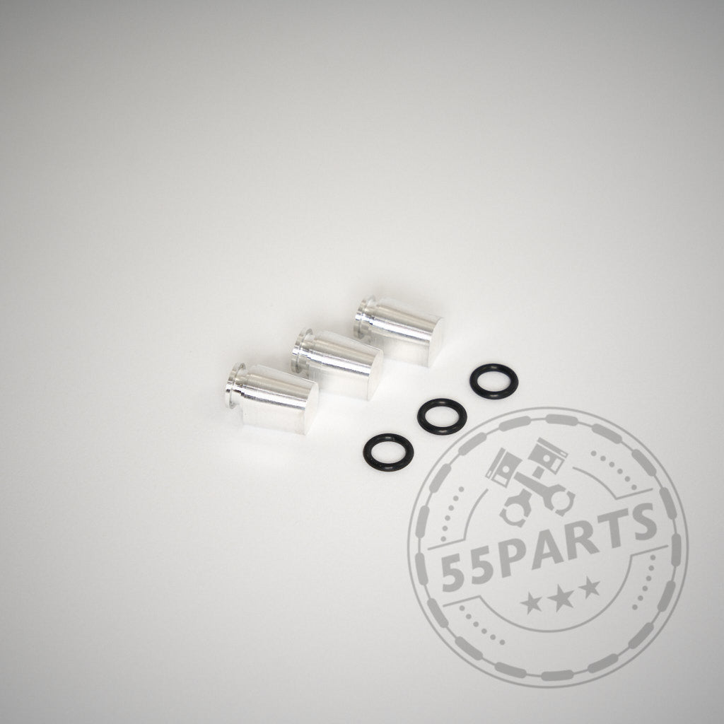 Drei Verschlussstopfen für die Kurbelwellengehäuse Entlüftung des B58B30A und drei schwarze O-Ringe, kompatibel mit BMW M140i, M240i, 340i, 440i F-Serie, dargestellt auf weißem Hintergrund mit dem 55Parts-Logo in der Ecke.