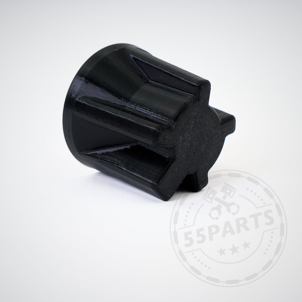 Sternförmiger Knauf aus schwarzem Kunststoff, 3D Druck Einsatz für Becherhalter, passend für Toyota Yaris GR Schlüsselhalter, mit geriffelten Seiten auf weißem Hintergrund.