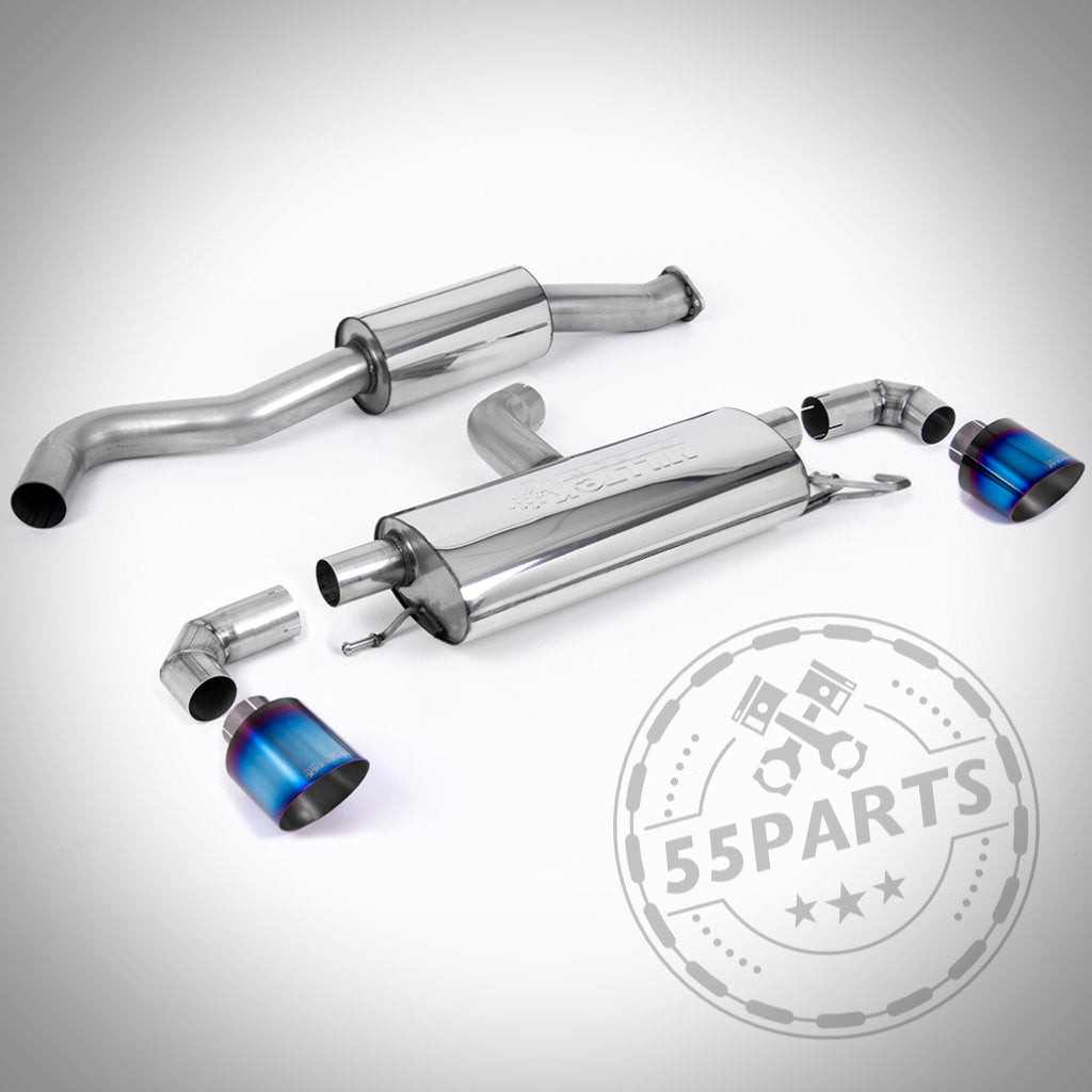Milltek Abgasanlage ab OPF mit ECE für Toyota Yaris GR Gen 1, glänzend mit blauen Endrohren, inklusive kleinem 55Parts-Logo in der Ecke.