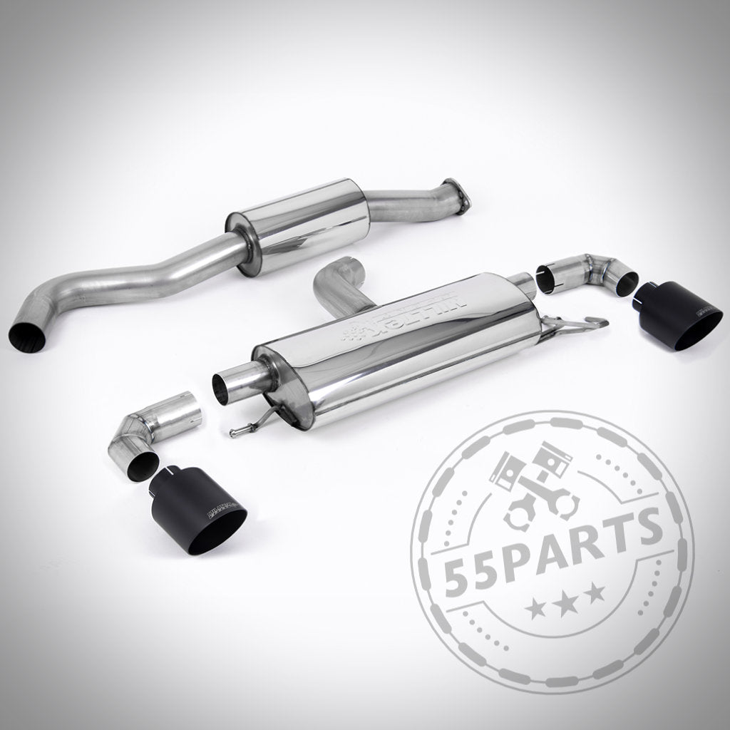 Zwei Edelstahl-Abgasanlagen ab OPF mit ECE-Rohren von Milltek für Toyota Yaris GR Gen 1 mit schwarzen Spitzen sind auf weißem Hintergrund mit sichtbarem 55Parts-Logo abgebildet.