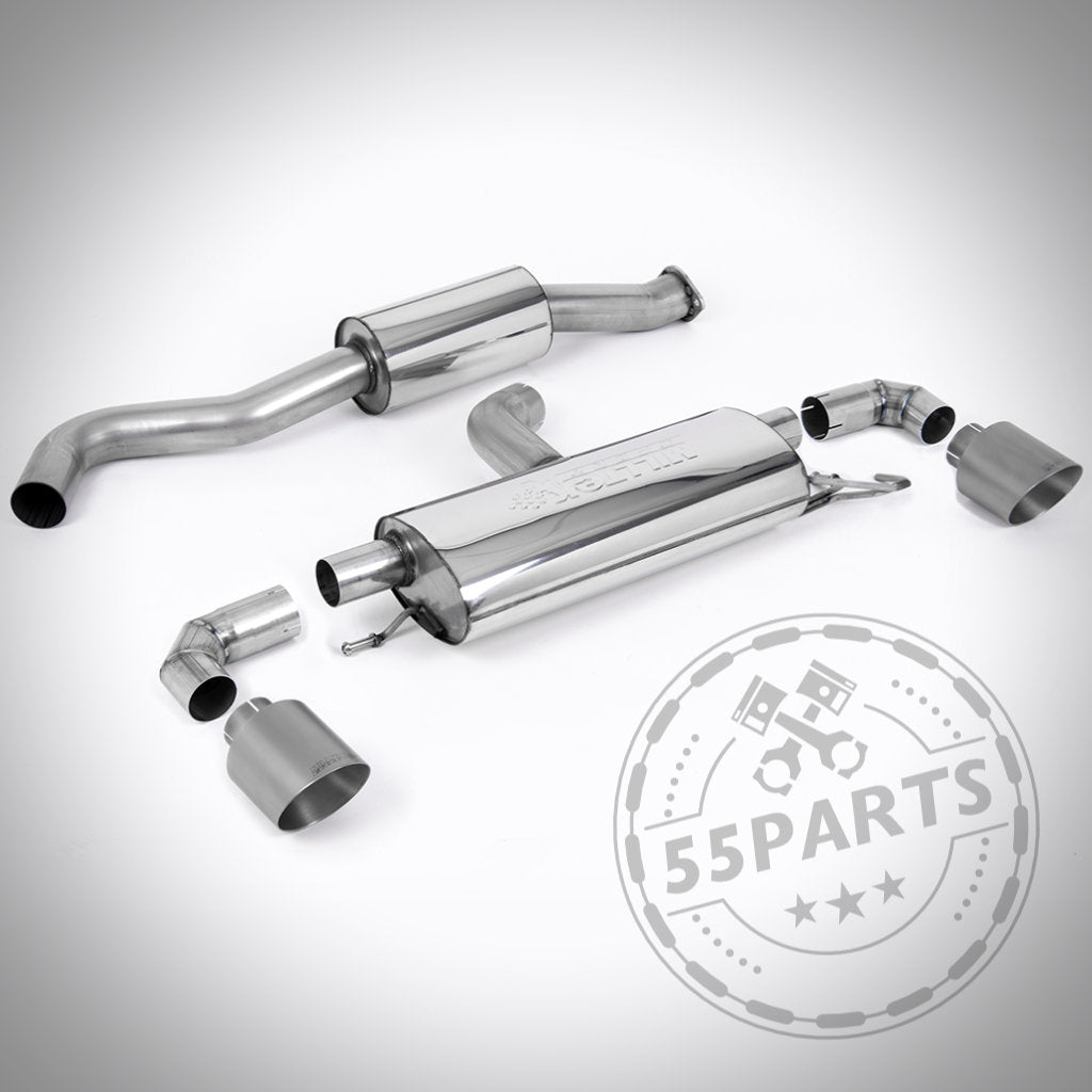 Zwei glänzende Milltek-Abgasanlagen ab OPF mit ECE-Auspuffteilen für Toyota Yaris GR Gen 1, bestehend aus Rohren und Schalldämpfern, werden auf einem weißen Hintergrund mit sichtbarem Milltek-Logo angezeigt.