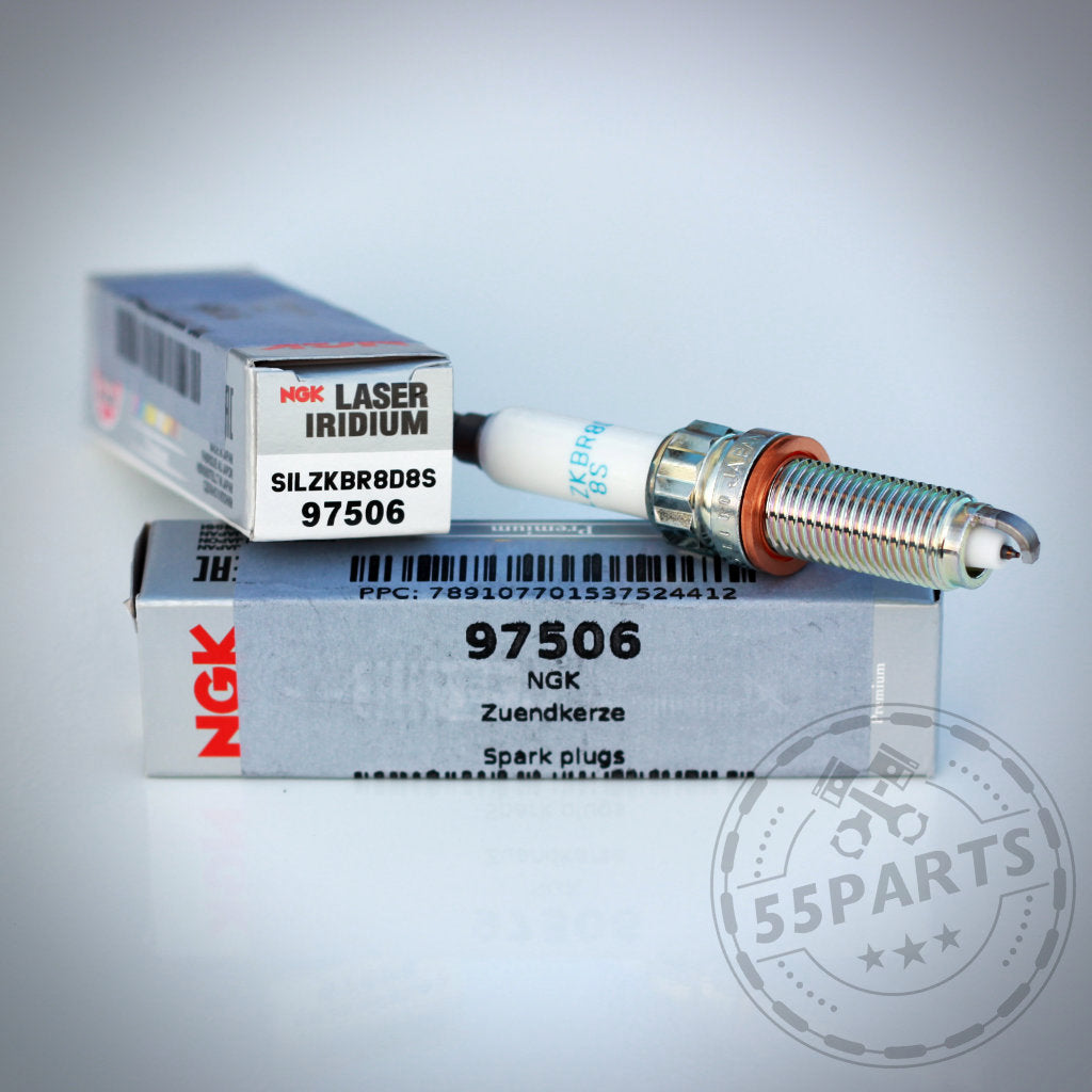NGK Zündkerzen-Set 97506 (SILZKBR8D8S) Zündkerzen-Set mit Verpackung, Marke NGK und Beschriftung in Englisch und Deutsch.