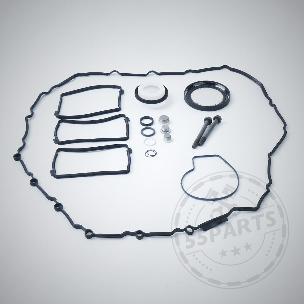 Exklusives Einbauset für einteilige Kurbelwellenbefestigung/Kurbelwellensicherung, entwickelt passend für BMW M2 Competition, M3 und M4 S55, umfasst mehrere Dichtungen, Schrauben, Unterlegscheiben und Ringe, die auf hellgrauem Hintergrund angezeigt werden.