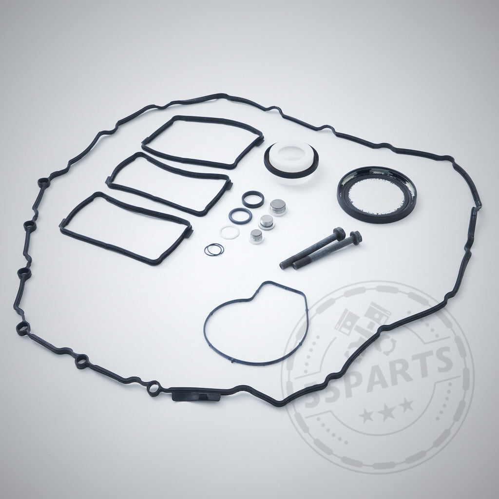 55Parts Exklusives Einbauset für einteiligen Kurbelwellenfix/Kurbelwellensicherung passend für BMW M2 Competition, M3, M4 S55 – Dichtungen, Dichtungen und Schrauben arrangiert auf hellgrauem Untergrund.
