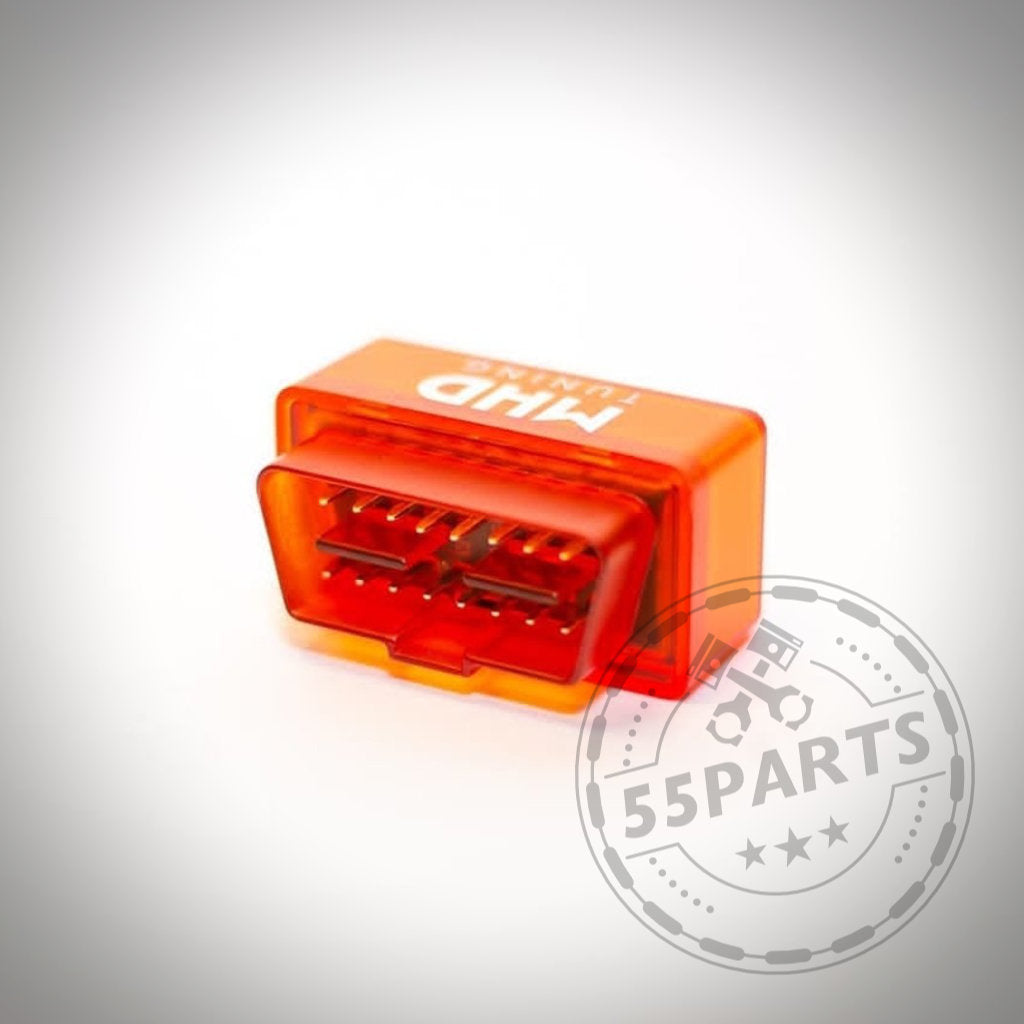 Der passend für BMW-Fahrzeuge konzipierte MHD Tuning Wireless OBDII WiFi Adapter in Orange ist auf weißem Hintergrund abgebildet.