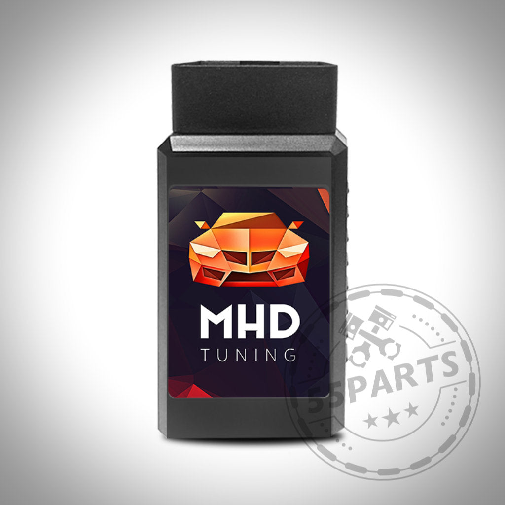 Der MHD Tuning Wireless OBDII WiFi Adapter – Schwarz ist ein schwarzes Diagnosegerät mit einer orangefarbenen Autografik auf dem Etikett, ideal für BMW N54-Besitzer, die die MHD Tuning App verwenden.