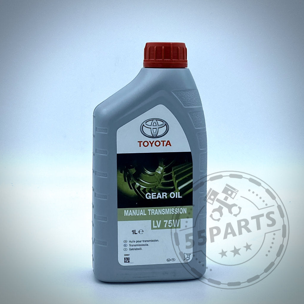 Eine 1-Liter-Flasche 55Parts Original Toyota Getriebeöl 75W LV, geeignet für Toyota Yaris GR-Schaltgetriebe, mit rotem Deckel.