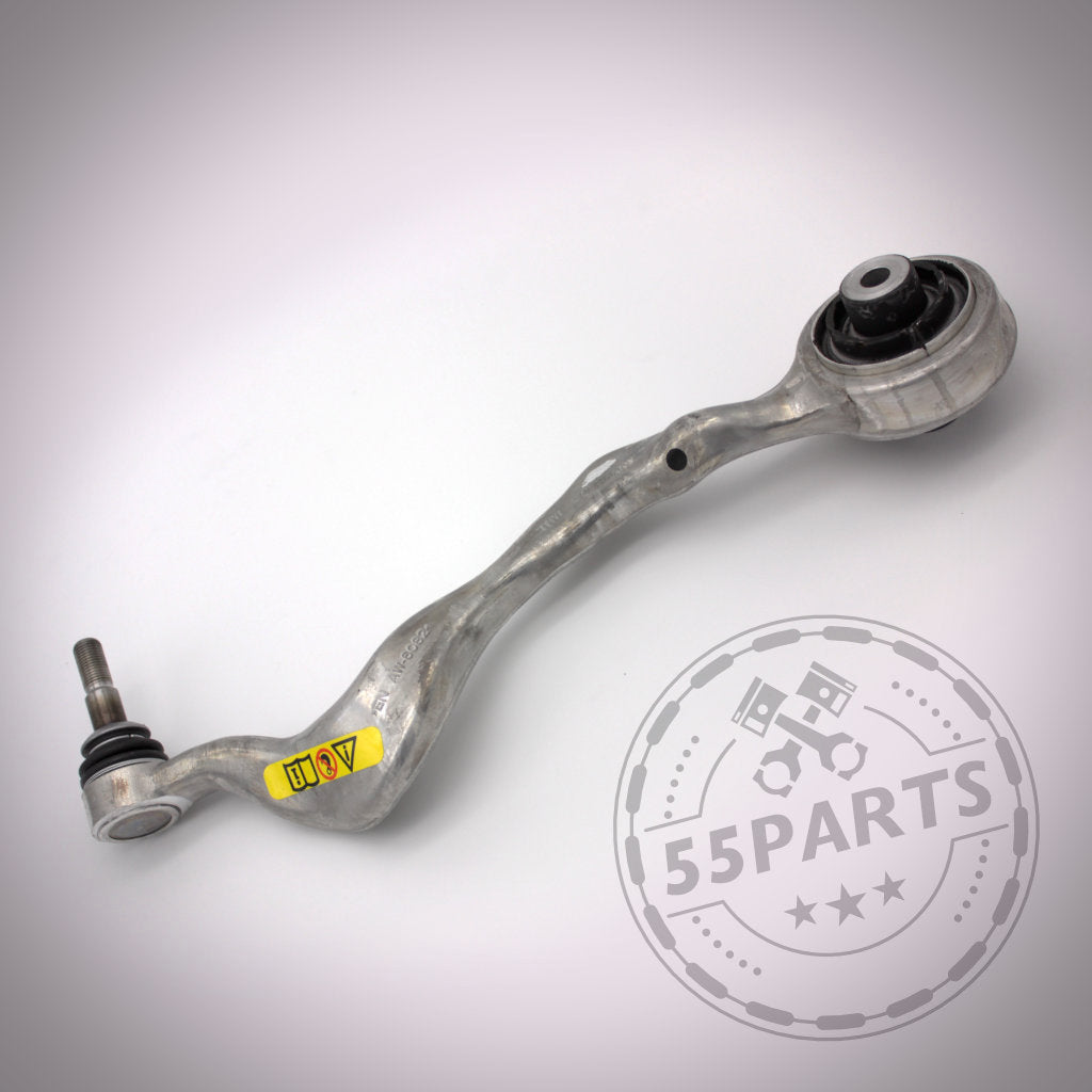 M3 Fahrwerkskomponenten (mit NoFlex Bearings) Komplettset – Uniball Zugstrebenlager passend für BMW 1er E8x, 3er E9x mit Bushings und gelbem Warnhinweis neben dem 55Parts Logo – perfekt für Fahrwerk-Upgrade oder Modifikationen.