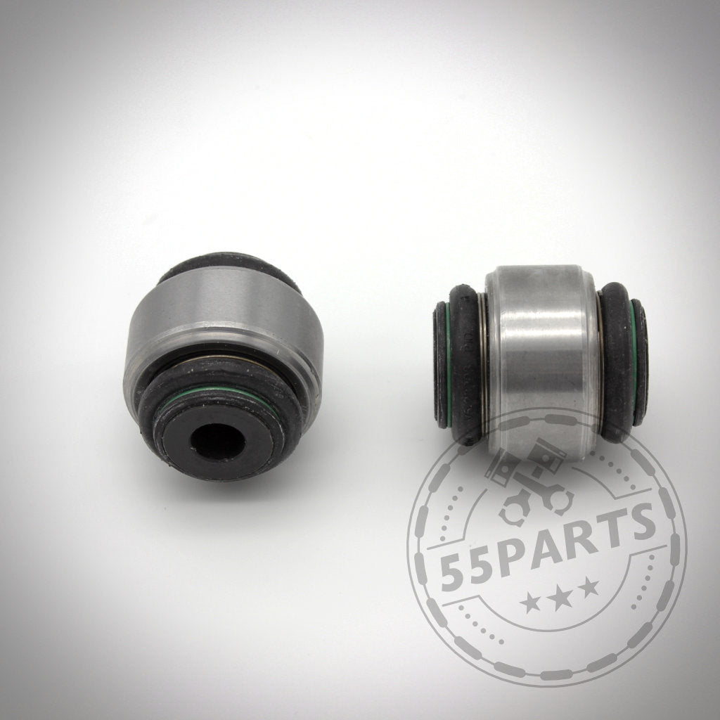 Zwei zylindrische NoFlex-Kugellager aus Metall mit schwarzen Gummienden, ideal als Kugelgelenksatz für originale Spur- und Längslenker, passend für BMW 1er E8x & 3er E9x. Abbildung auf weißem Hintergrund.