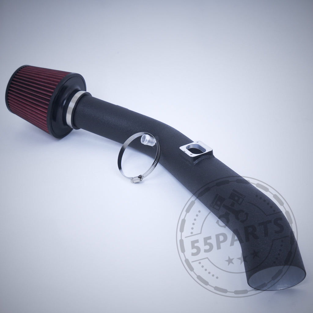 55Parts Offene Ansaugung Dual Cone Intake passend für BMW M2 Competition, M3, M4 S55 verfügt über ein schwarzes Luftansaugrohr, einen roten Filter und eine Metallklemme – ideal für FBO-Setups.