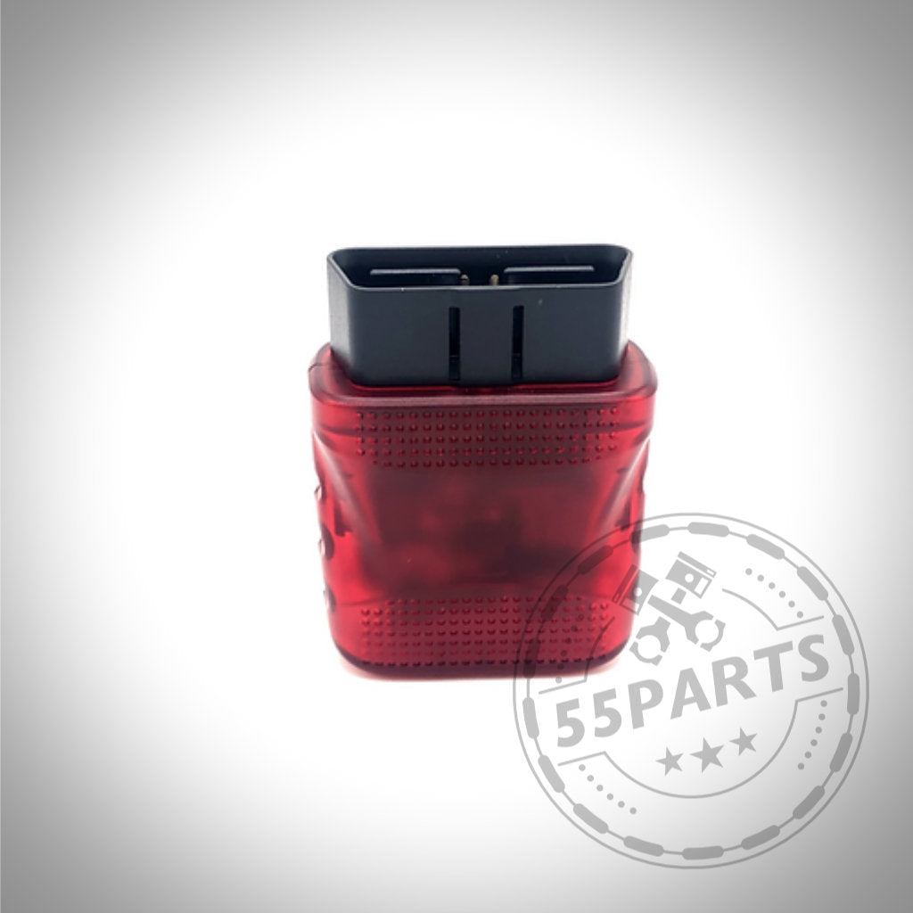 Der MHD Tuning MHD Universal WiFi Adapter – OBDII Wireless verfügt über einen roten Scanner mit einem schwarzen Anschluss, kompatibel mit BMW Supra MK5, abgebildet auf weißem Hintergrund.