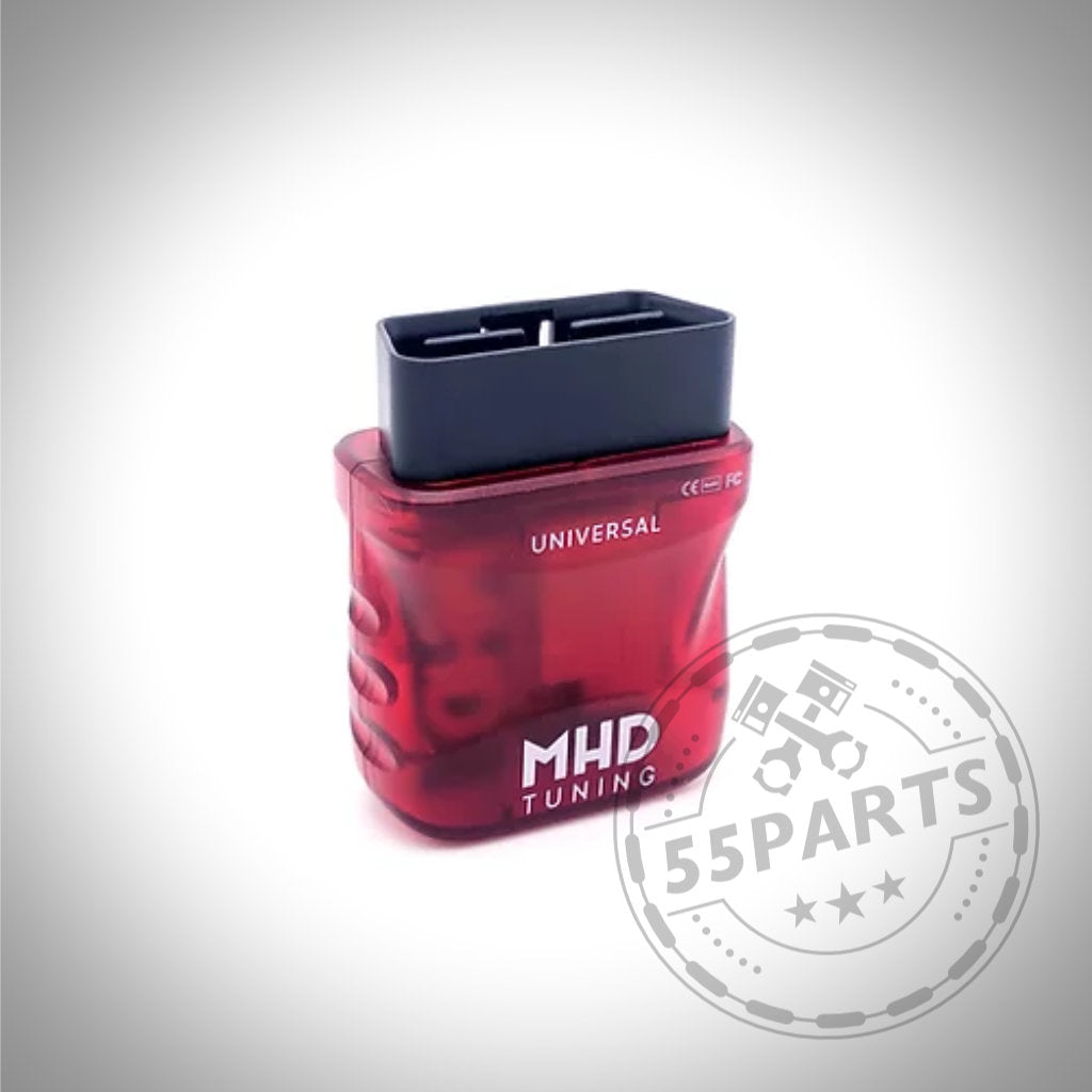 Der MHD Tuning Universal WiFi Adapter – OBDII Wireless ist ein rotes Gerät mit der Aufschrift „UNIVERSAL“ und einem 55Parts-Wasserzeichen, das für den BMW Supra MK5 und andere kompatible Fahrzeuge entwickelt wurde.