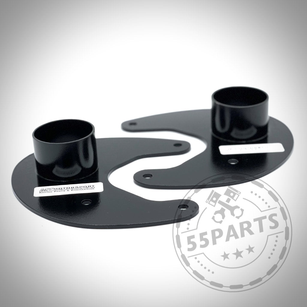 Auf weißem Hintergrund sind zwei schwarze Ankerbleche für Bremsbelüftung für fast alle BMW-Modelle mit zylindrischer Halterung abgebildet.