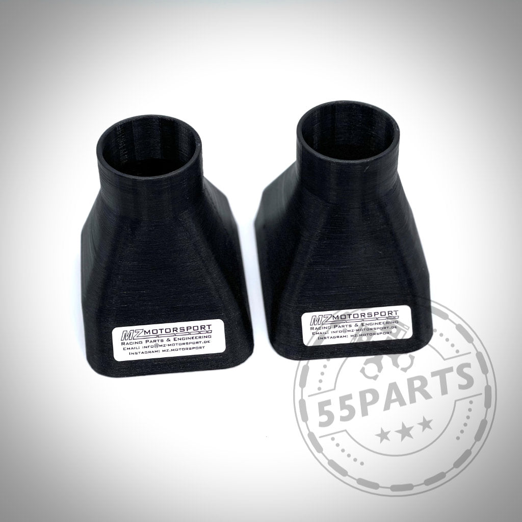 Zwei schwarze, rechteckige 55Parts Bremsbelüftungssets passend für BMW E36 (inkl. M3) auf weißem Untergrund; perfekt zum Aufrüsten von Serienbremsen und zur Steigerung der Rennstrecken-Performance.