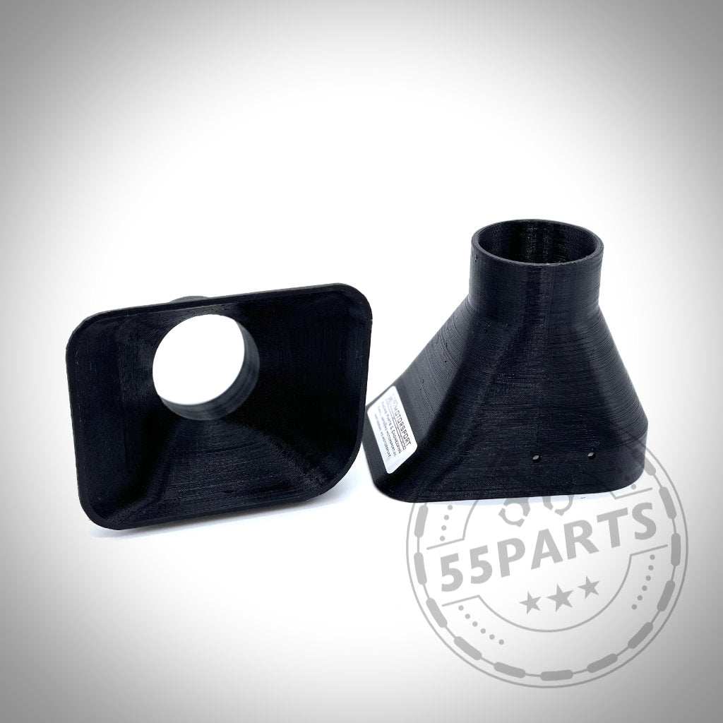 Zwei schwarze 3D-gedruckte 55Parts Exclusive Bremsbelüftungsset-Adapterteile passend für BMW E36 Modelle (inkl. M3) auf weißem Hintergrund, ideal für den Rennstreckeneinsatz oder die Aufrüstung von Serienbremsen.