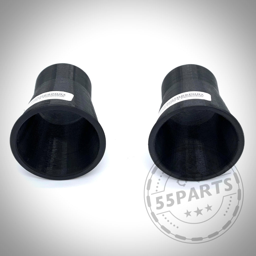 Paar schwarze, trichterförmige 55Parts Exclusive Bremsbelüftungssets für den BMW 3er E9x mit M Paket, abgebildet auf weißem Hintergrund mit schwachem Wasserzeichen.