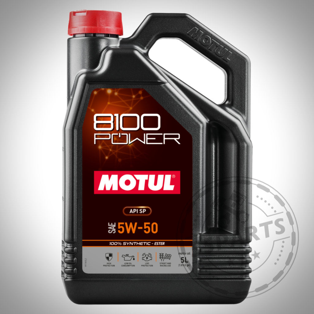 Ein schwarzer 5-Liter-Behälter Motul 8100 POWER 5W50 Motoröl mit rotem Deckel, ideal für Motoren, die diese Viskosität benötigen, von Motul.