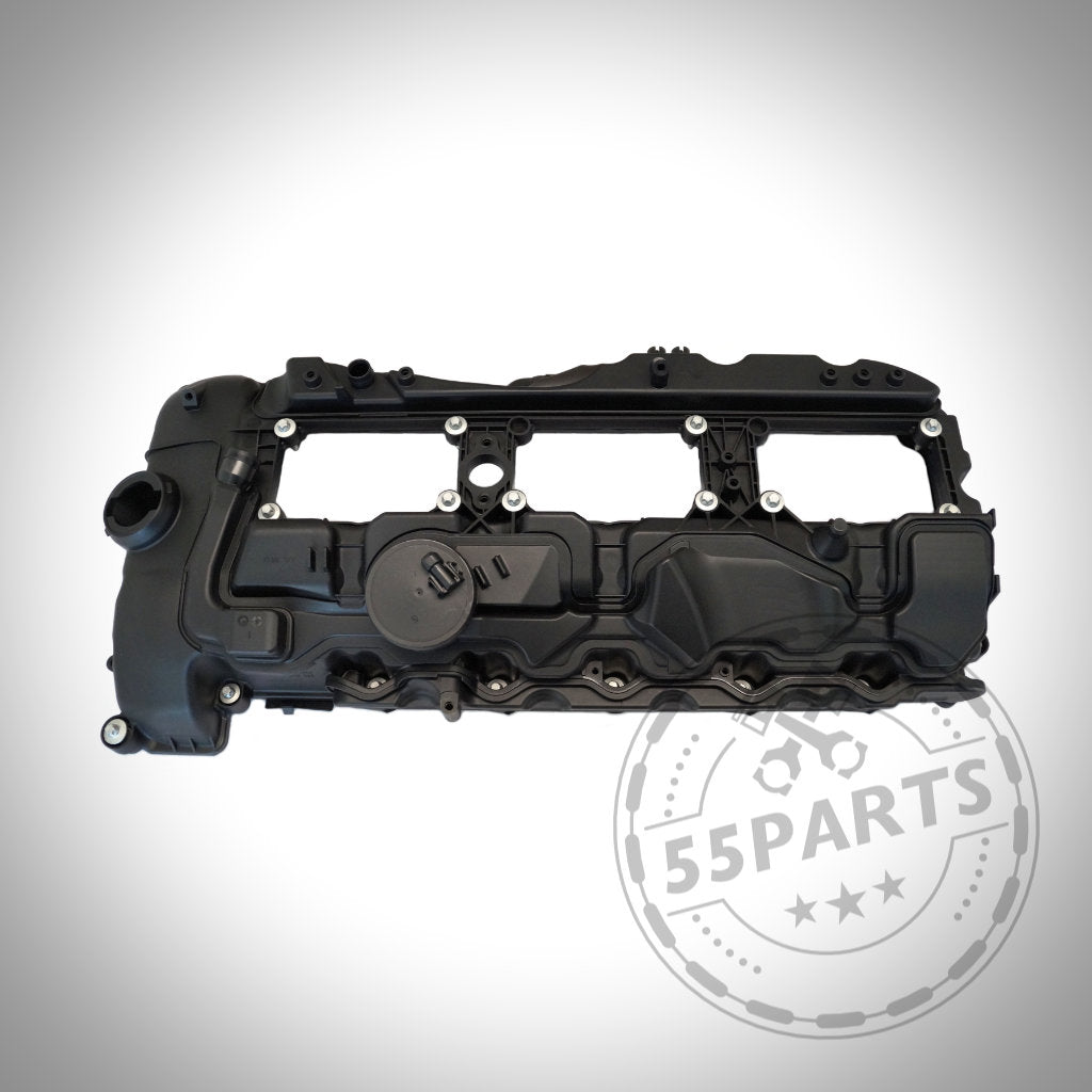 Schwarzer Ventildeckel Zylinderkopfhaube inkl. Dichtung, mit Schrauben und einem Zündspulen-Logo-Wasserzeichen. Passend passend für BMW N55 Motor (M)135i, M235i, 335i, 435i, 535i und 640i.