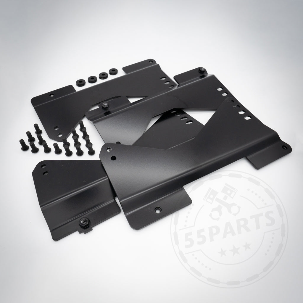 55Partsr exklusiver Stahl-Seitenadapter, passend für OEM BMW Laufschienen (E-, F- und G-Serien), inklusive Schrauben – ideal zur Montage von Schalensitzen. Dezentes 55Partss Wasserzeichen sichtbar.