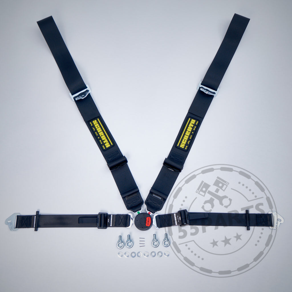 Der SCHROTH Profi II-FE 4-Punkt Gurt von Schroth ist ein schwarzer 4-Punkt-Renngurt mit gelben Etiketten und Befestigungsmaterial, ideal für Recaro Pole Position Schalensitze, abgebildet auf einer hellen Oberfläche.