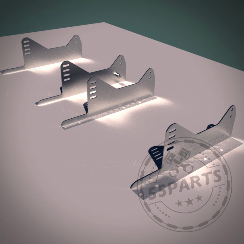 Vier 55Parts Stahl-Seitenadapter, passend für Recaro Pole Position auf originalen Laufschienen im Toyota Yaris GR, sind in einer Reihe angeordnet und optimieren Ihr Fahrgefühl.