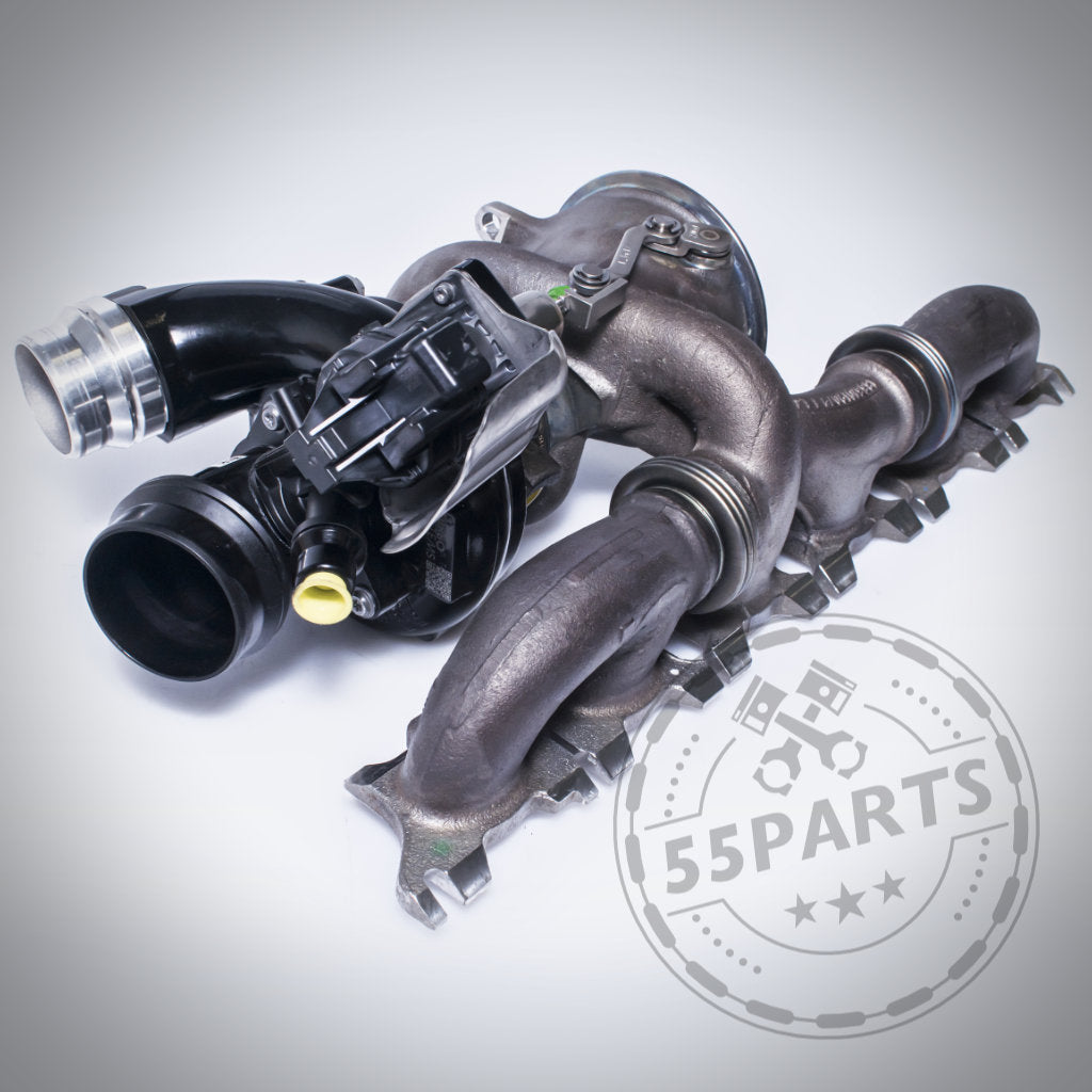 Der Turbosystems Upgrade Turbolader passend für BMW 40i G-Serie Modelle mit B58B30O1/B58D Gen 2 (6-Port Krümmer) ist auf weißem Hintergrund mit einem 55Parts-Wasserzeichen abgebildet.