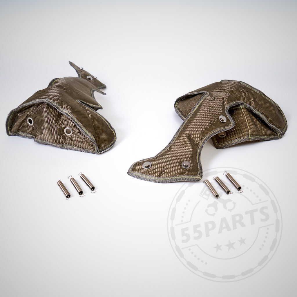 Zwei braune 55Parts Spezial-Turbowindeln passend für BMW 135i, 1er M Coupé und 335i(x) N54 mit vier abgebildeten Metallbolzen auf weißem Untergrund, ideal für Turboladersysteme.