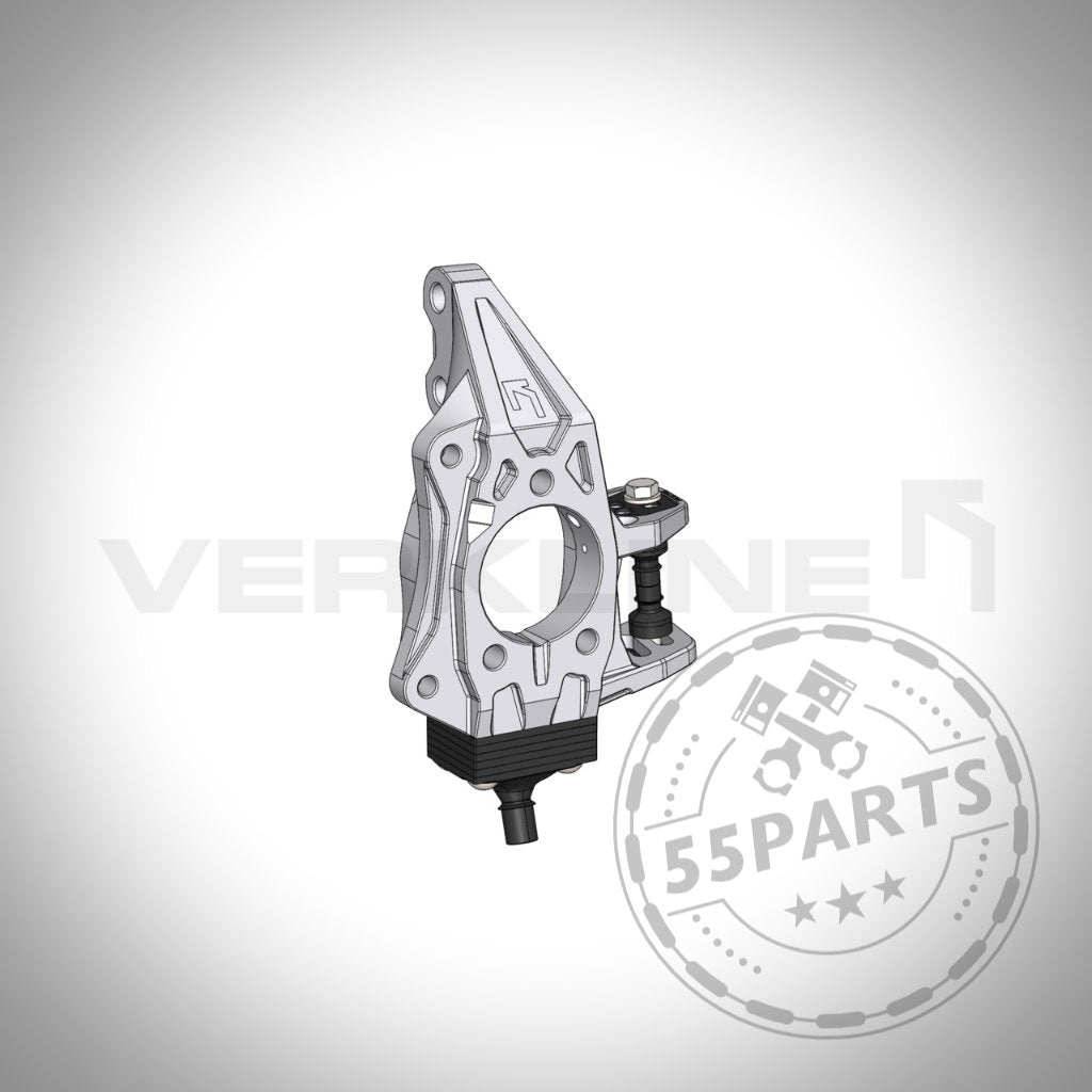 3D-Rendering des VERKLINE Gefräster Leichtbau Radträger vorne für Toyota Yaris GR, mit Schraubendetails und dem VERKLINE-Logo. Perfekt für Yaris GR-Fans oder Tuning-Shops, die Achskinematik-Lösungen hervorheben.