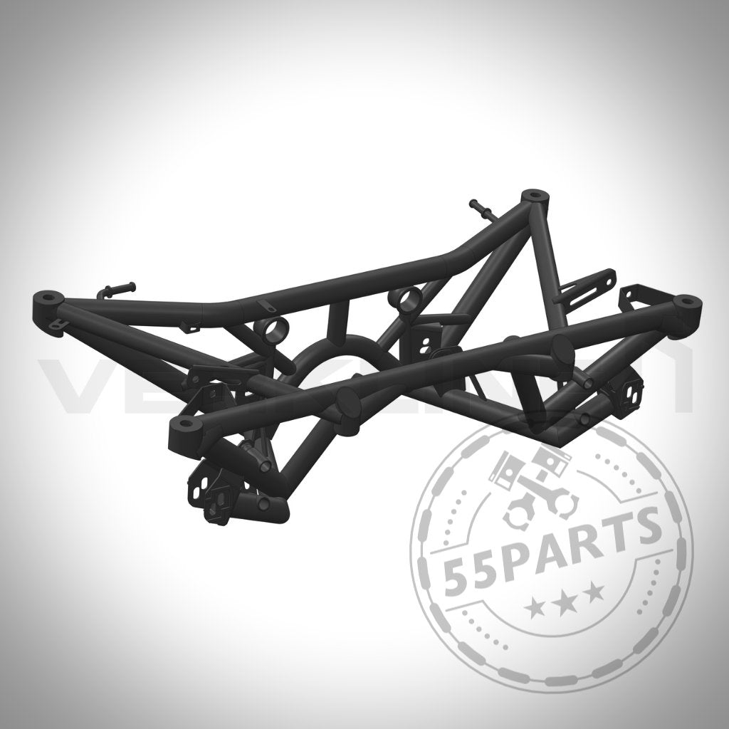 Schwarzer Metallrohrrahmen mit weiß dargestellten Befestigungspunkten. VERKLINE Leichtbau Achsträger Hinterachse für Toyota Yaris GR – perfektes Tuning-Shop-Upgrade. 55Parts-Logo-Overlay.