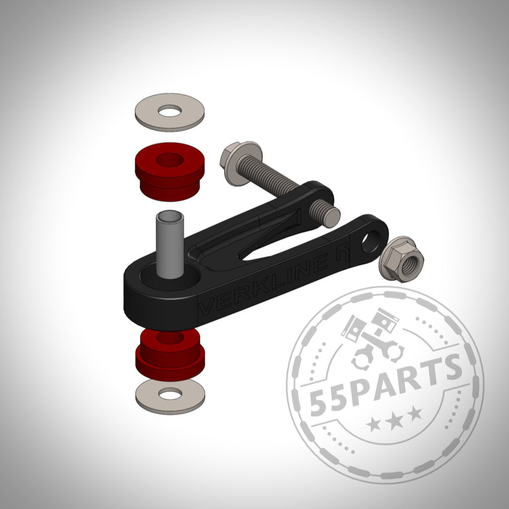 3D-Diagramm der VERKLINE Drehmomentstütze für den Toyota Yaris GR in Schwarz mit roten Buchsen, Unterlegscheiben, Schrauben und Muttern; sichtbares „VERKLINE“-Logo. Ideal für Tuning-Enthusiasten oder Yaris GR-Besitzer, die präzise Upgrades wünschen.